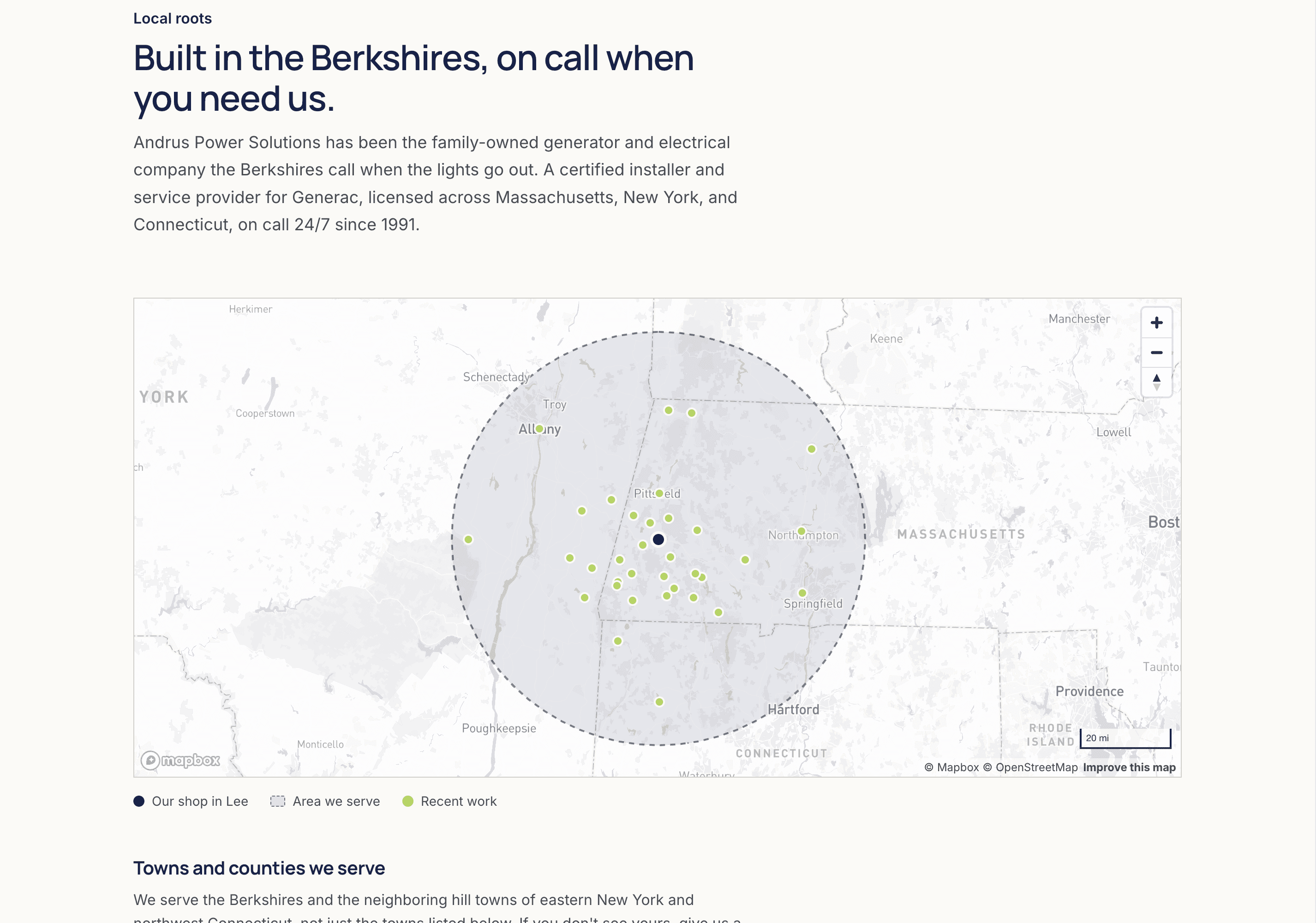 De werkgebiedsectie met de kop 'Built in the Berkshires, on call when you need us', met een Mapbox-kaart die de werkplaats in Lee toont, een serviceradius en recente klussen als stippen over Massachusetts, New York en Connecticut