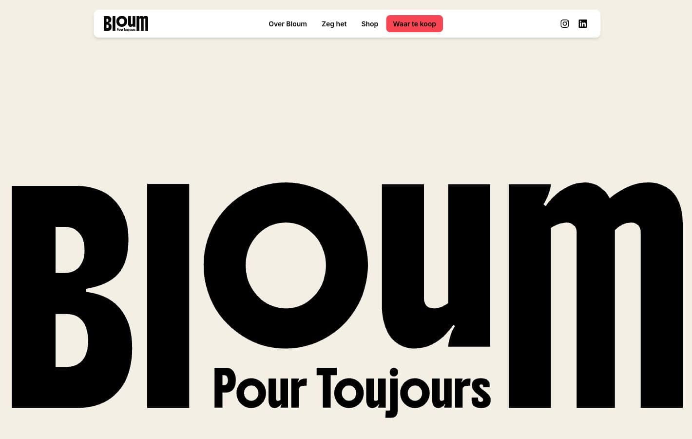 The Bloum wordmark drawn across the full width of the page in heavy black letters on cream, with Pour Toujours set underneath