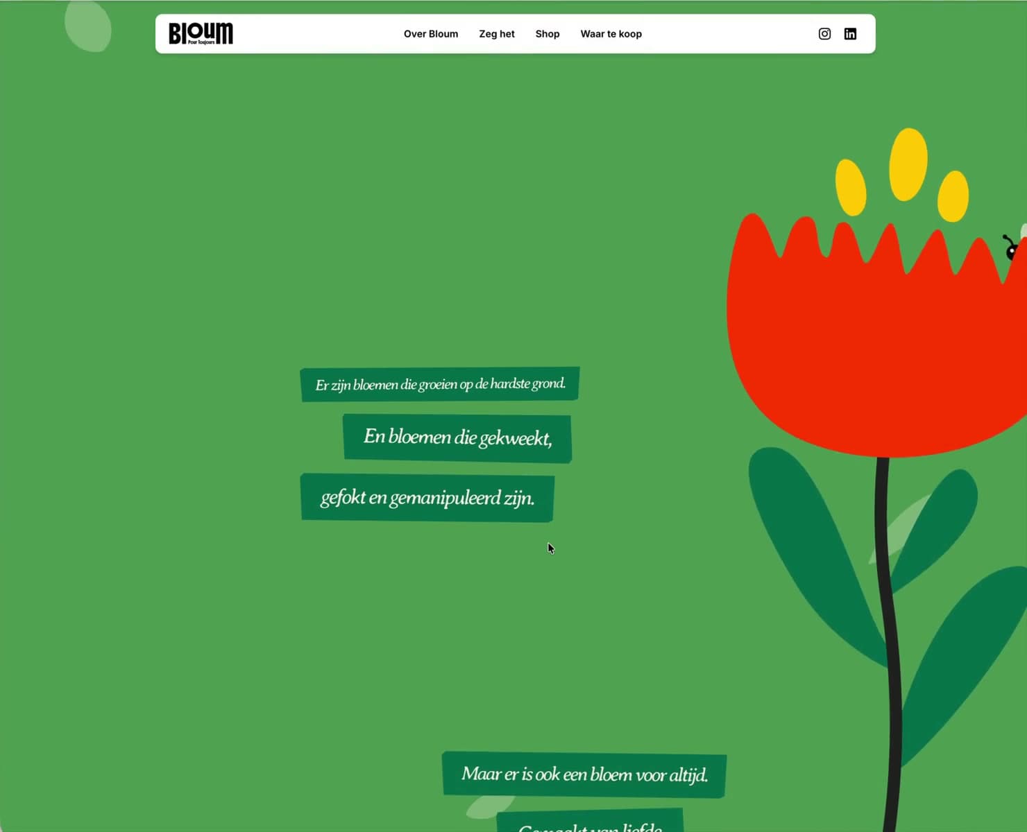 A green illustrated field with a large red cut-paper flower on the right, reasons printed on tilted dark green cards drifting through the middle, and a bee landing on a petal