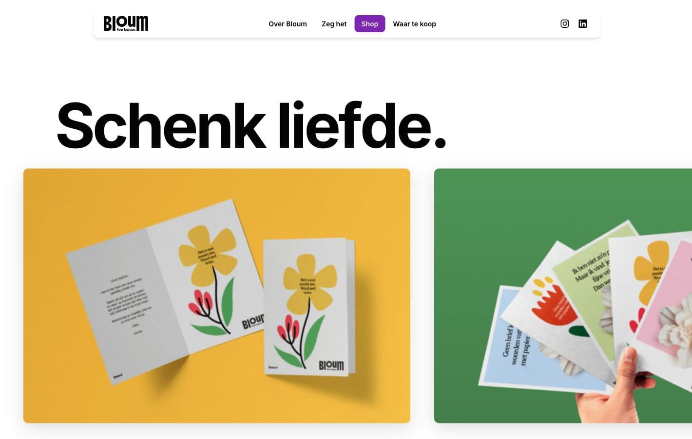 The headline Schenk liefde over two photographs of Bloum greeting cards, one card open on a yellow ground showing a handwritten message beside a printed flower, and a hand fanning out cards in several colours against green