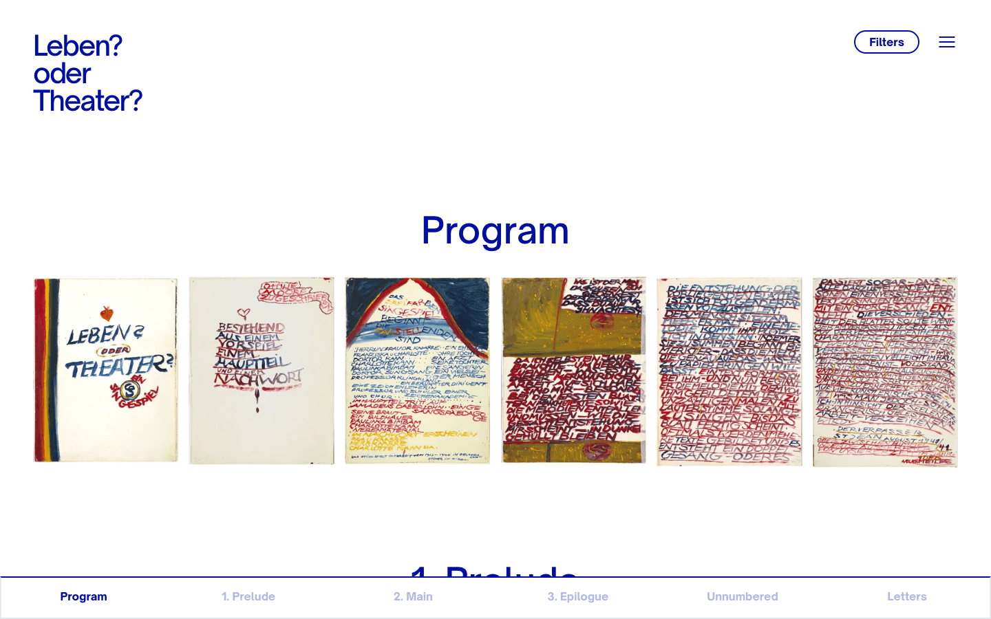 La vue Programme sur charlotte.jck.nl, avec des rangées de petites vignettes des gouaches de Charlotte Salomon et, en bas, des onglets Programme, 1. Prélude, 2. Section principale, 3. Épilogue, Sans numéro, Lettres.
