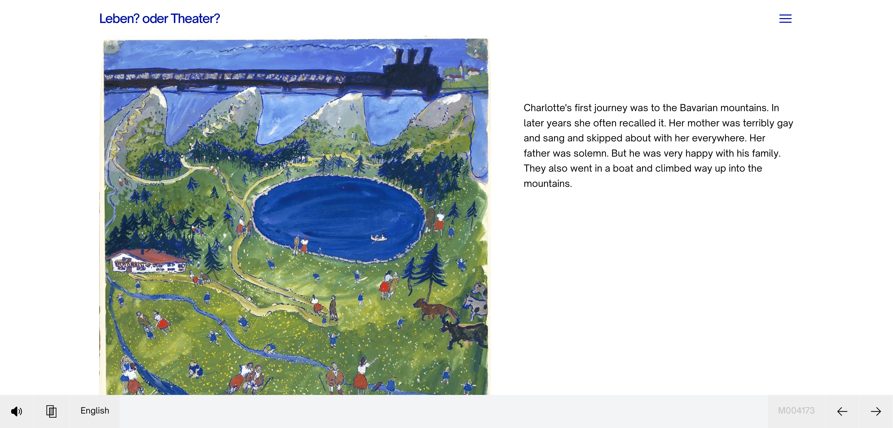 Une page de récit sur charlotte.jck.nl, avec à gauche une gouache vive d'un paysage bavarois et à droite un paragraphe sur le premier voyage de Charlotte en montagne. Commandes audio en bas à gauche, indicateur de langue anglaise.