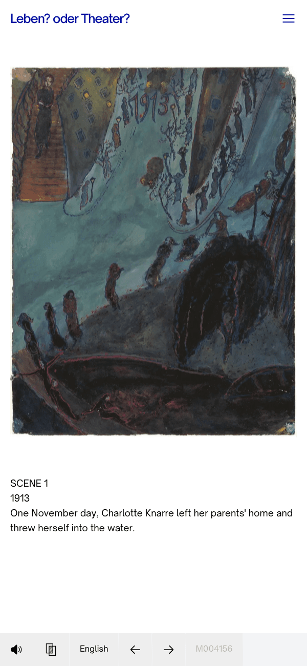 Vue mobile d'une page de récit. La peinture est en haut, le texte de Scène 1 en dessous, audio et commandes de langue dans une barre fixe en bas.