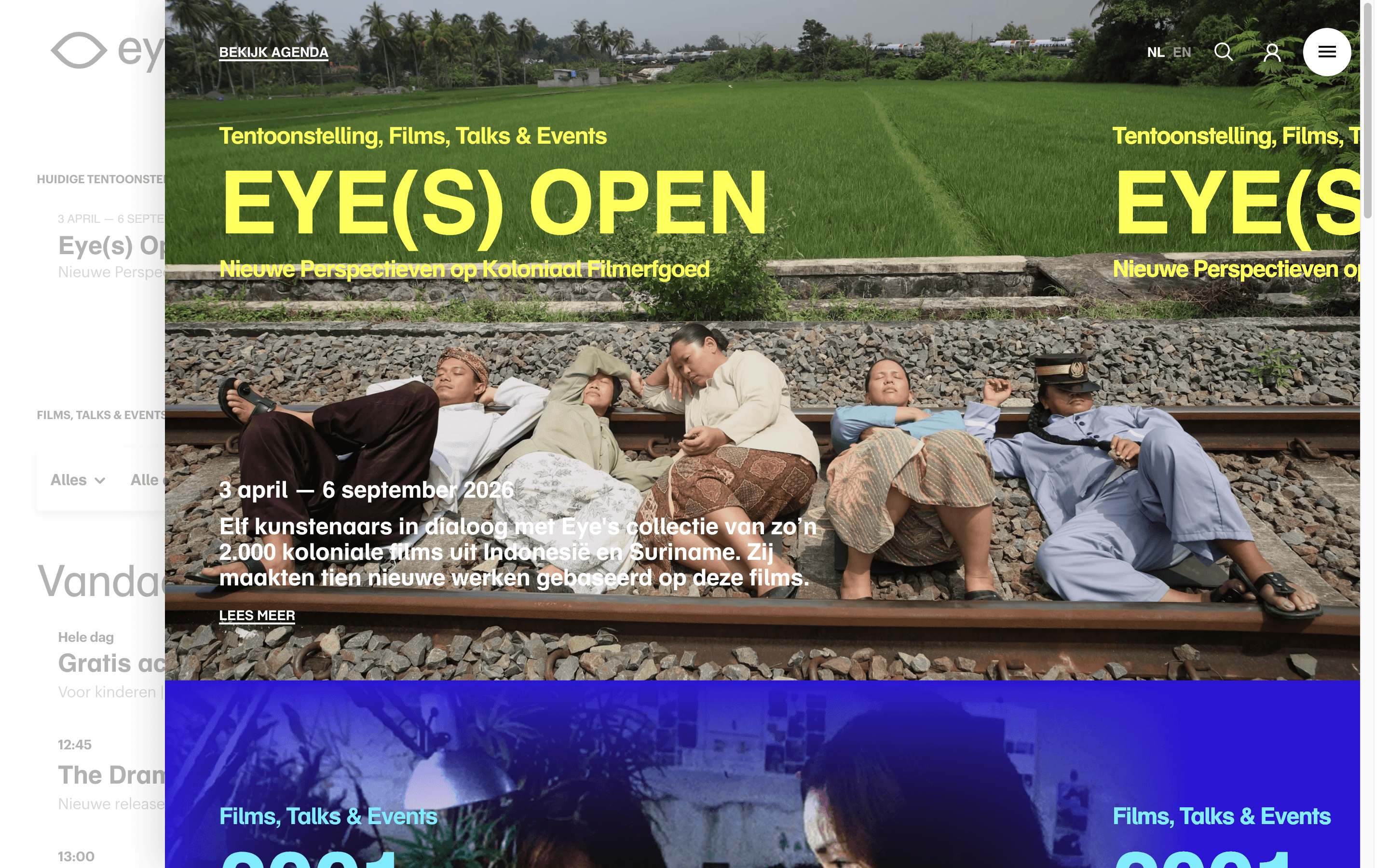 La page d'accueil d'eyefilm.nl avec un agenda toujours visible à gauche et un carrousel éditorial mettant en avant l'exposition Eye(s) Open