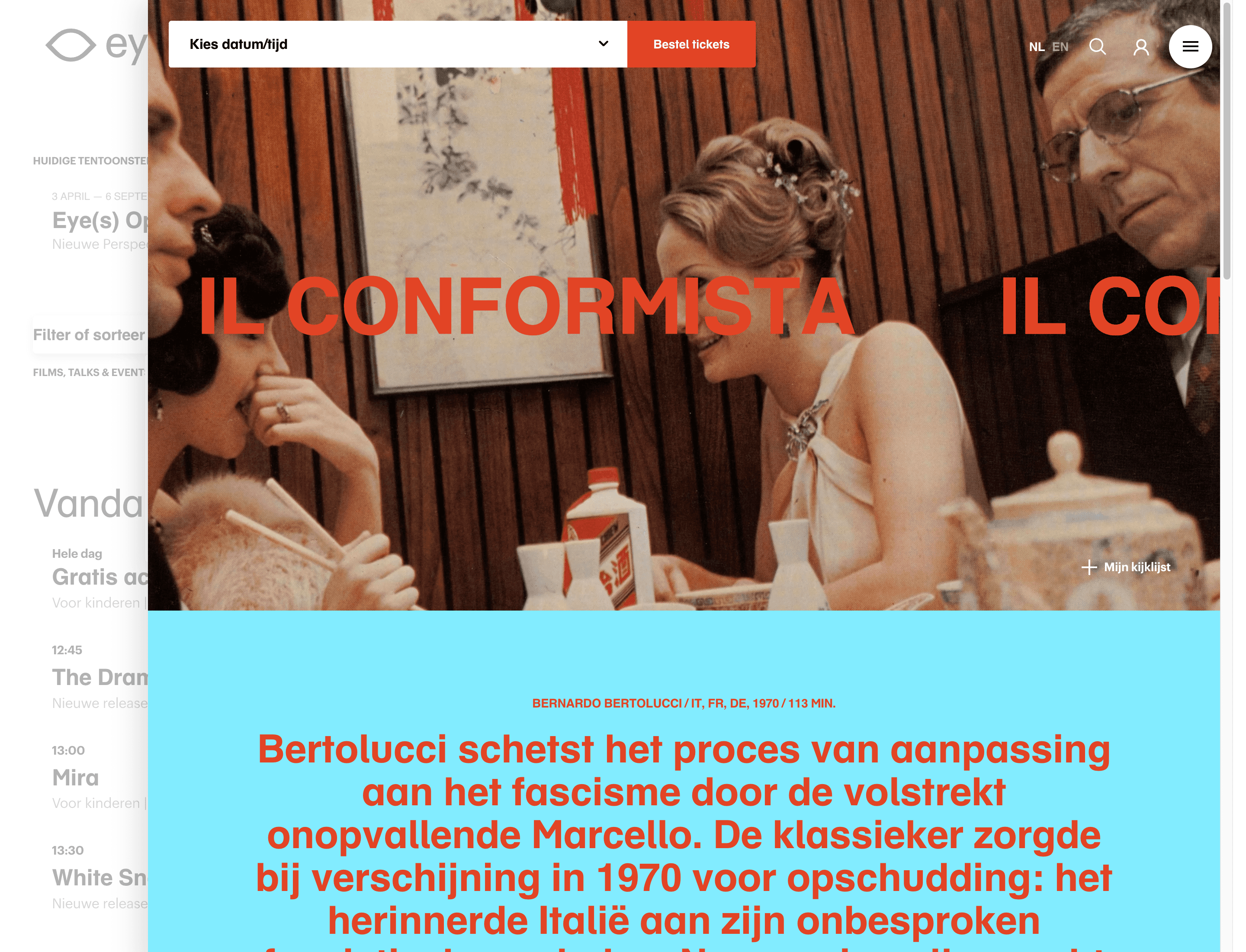 Une page de fiche film sur eyefilm.nl pour Il Conformista, avec un photogramme, le titre en rouge, un sélecteur date/heure et un bouton Bestel tickets, suivi du texte éditorial