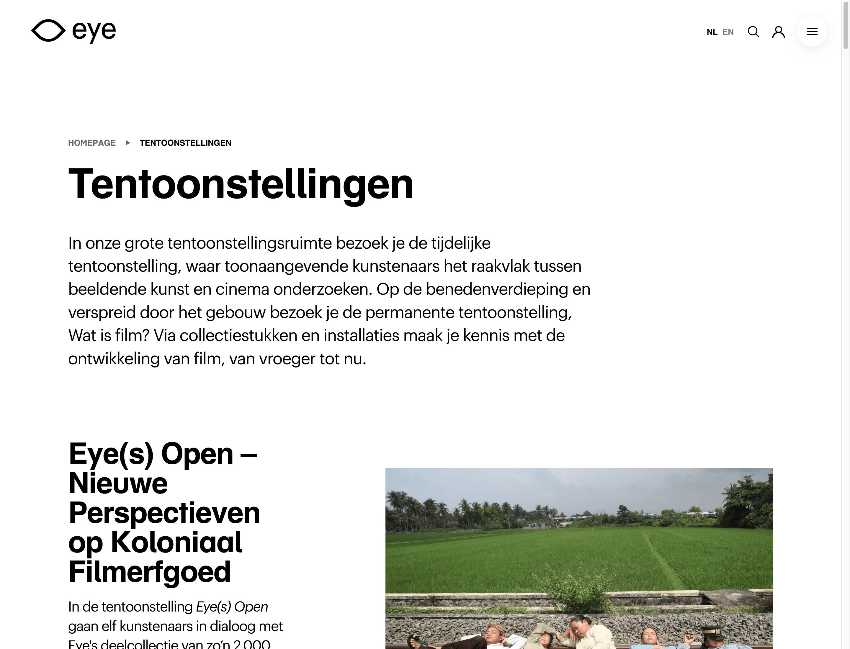 La page d'atterrissage Tentoonstellingen sur eyefilm.nl, avec un fil d'Ariane, un paragraphe d'introduction et la première entrée d'exposition pour Eye(s) Open
