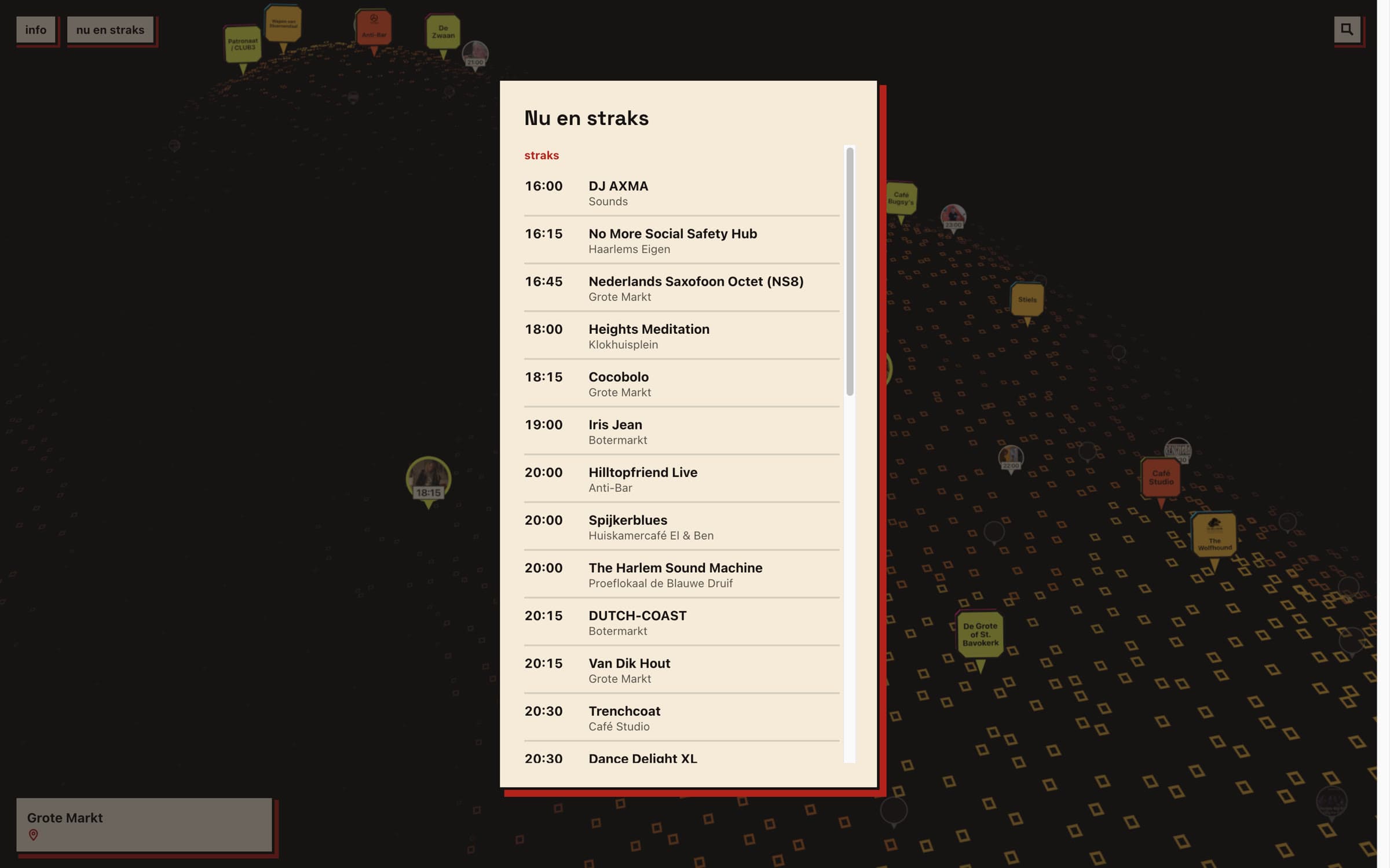 A cream panel headed 'Nu en straks' listing sets by time, each with the act and the room: 16:00 DJ AXMA at Sounds, 16:15 No More Social Safety Hub at Haarlems Eigen, and on down the evening