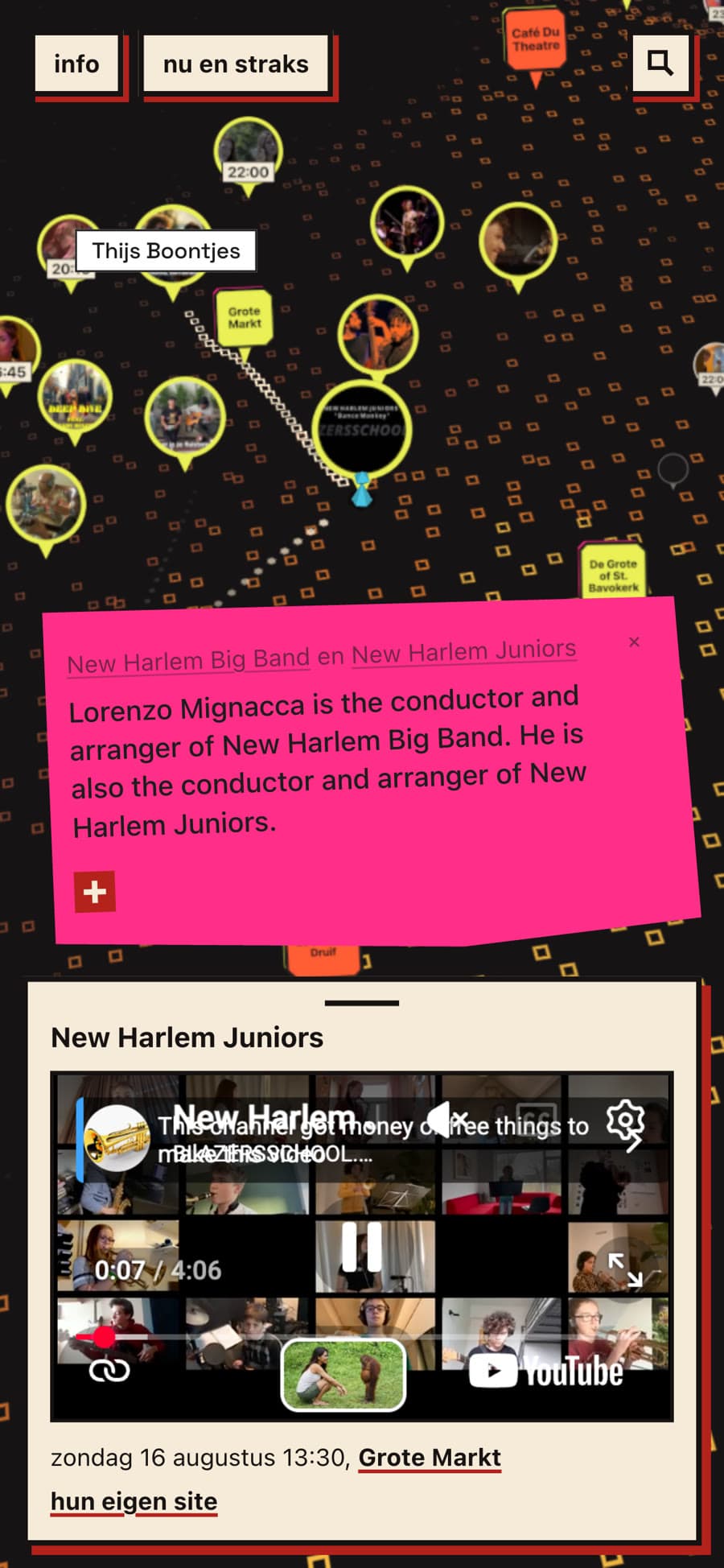 A phone screen showing the map with a pink card reading that Lorenzo Mignacca is the conductor and arranger of both New Harlem Big Band and New Harlem Juniors, above a cream slip holding the playing video and the set's time and room