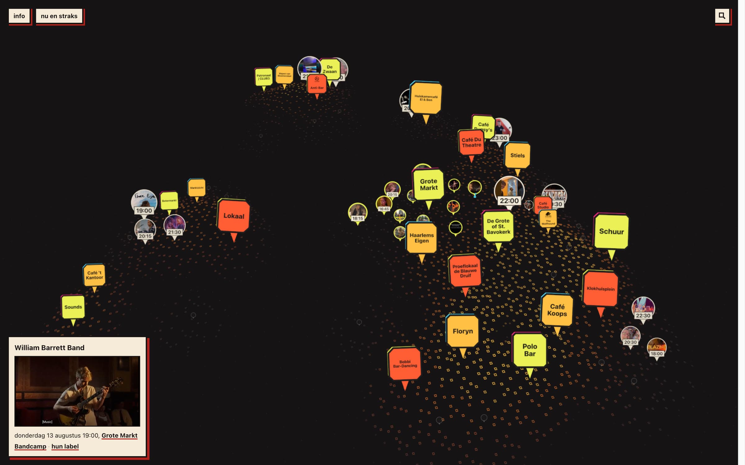 A dark map of Haarlem seen at an angle, with named venue signs in yellow, orange and cream standing on a field of small squares, circular act markers carrying video stills and the hour they play, and a cream slip in the lower left holding the record currently sounding