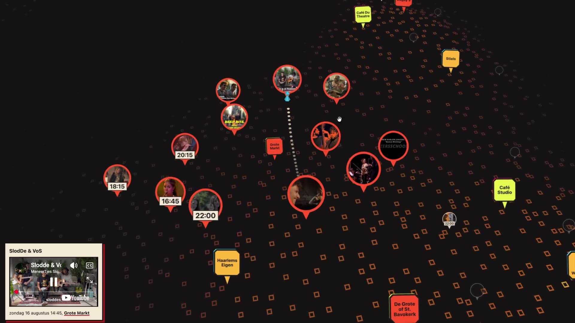 A dark three-dimensional field seen at a low angle, scattered with small orange squares, carrying circular act markers that hold a video still and the hour they play, coloured venue signs, and a cream slip in the lower left with the record that is sounding