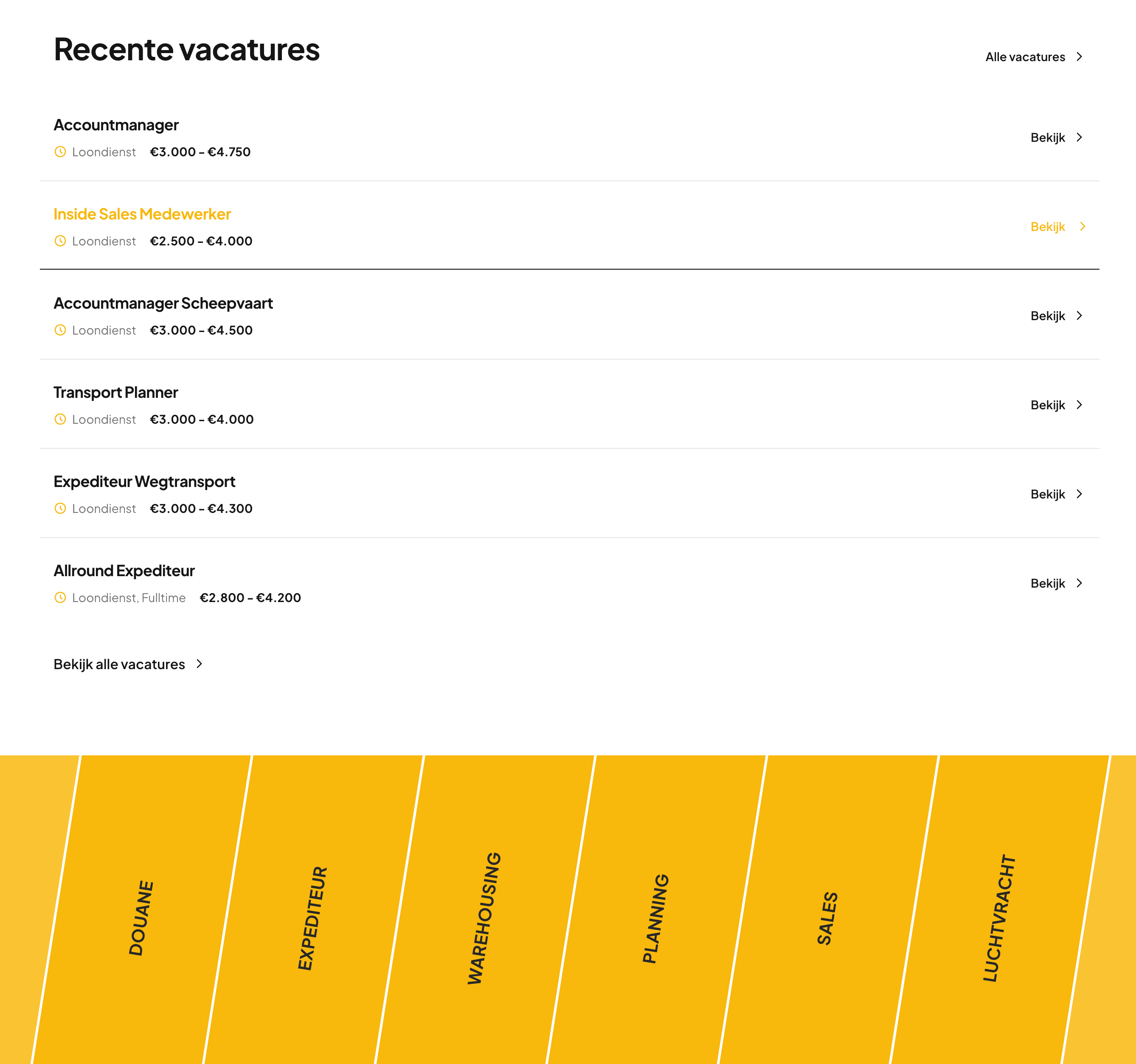 Een diagonaal raster van schuingeplaatste gele tegels met de labels DOUANE, EXPEDITEUR, WAREHOUSING, PLANNING, SALES en LUCHTVRACHT, elk een categorie logistiek werk