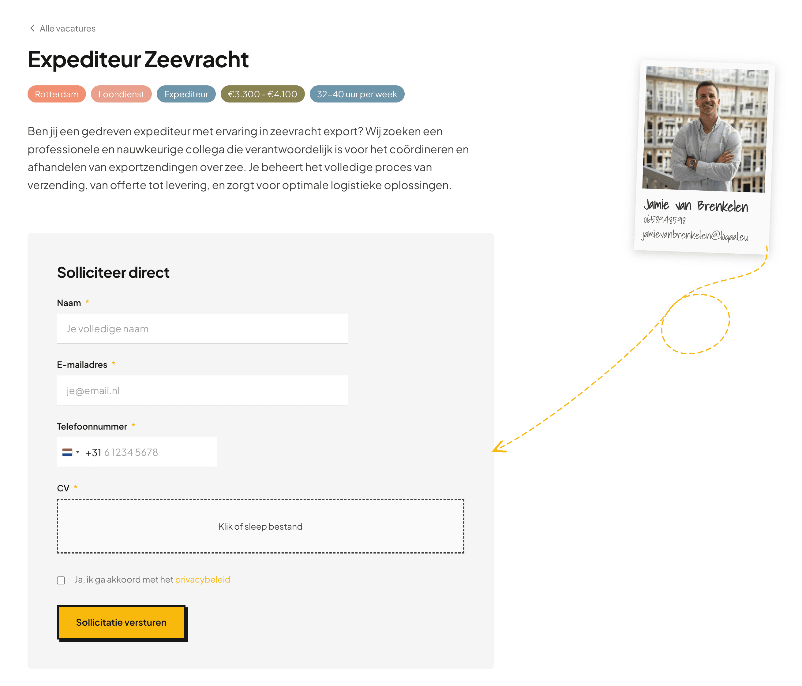 Een accountmanager-vacaturepagina met gestructureerde pillen voor locatie, contractvorm, specialisme, salaris en uren, gevolgd door taken en verantwoordelijkheden
