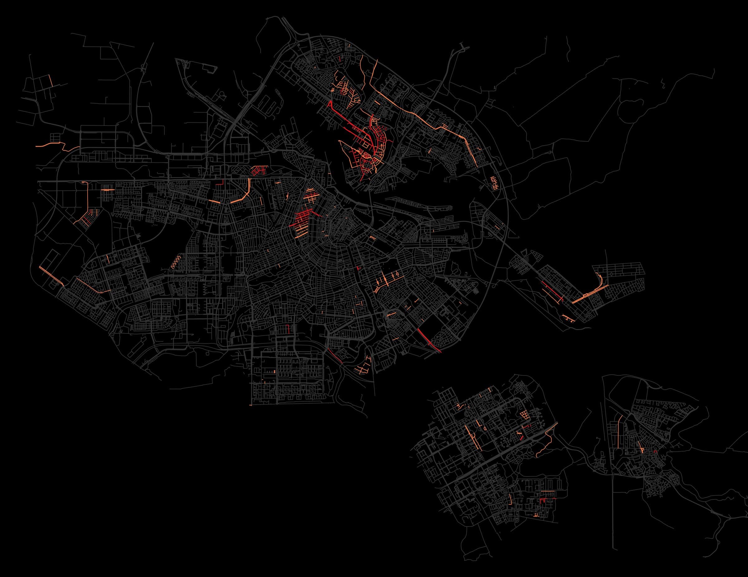 Amsterdam drawn in faint grey lines on black, with scattered streets picked out in red and orange, densest in a small area west of the centre