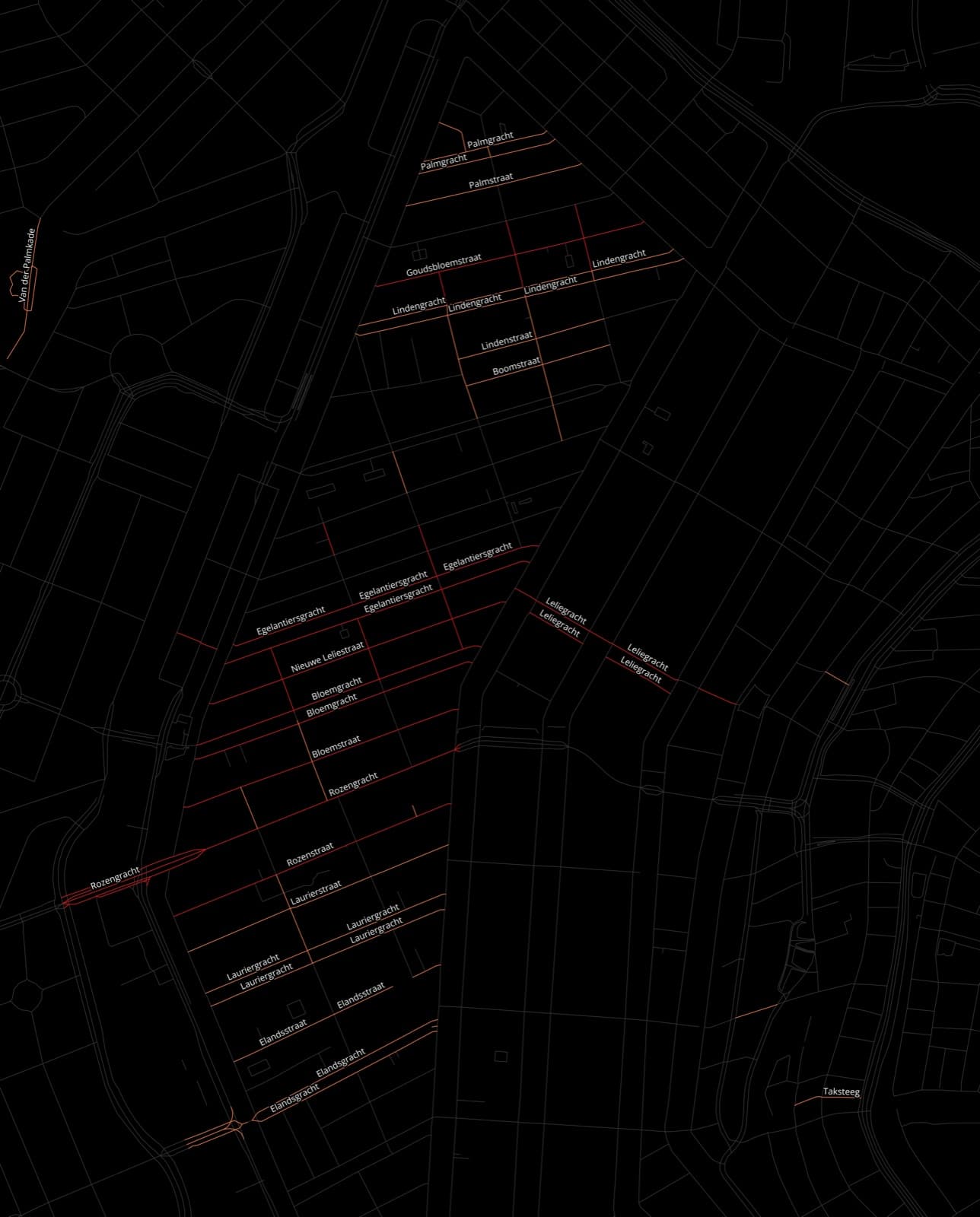 A close view of the Jordaan with its canals and cross streets in red, each labelled: Egelantiersgracht, Bloemgracht, Rozengracht, Lindengracht, Laurierstraat