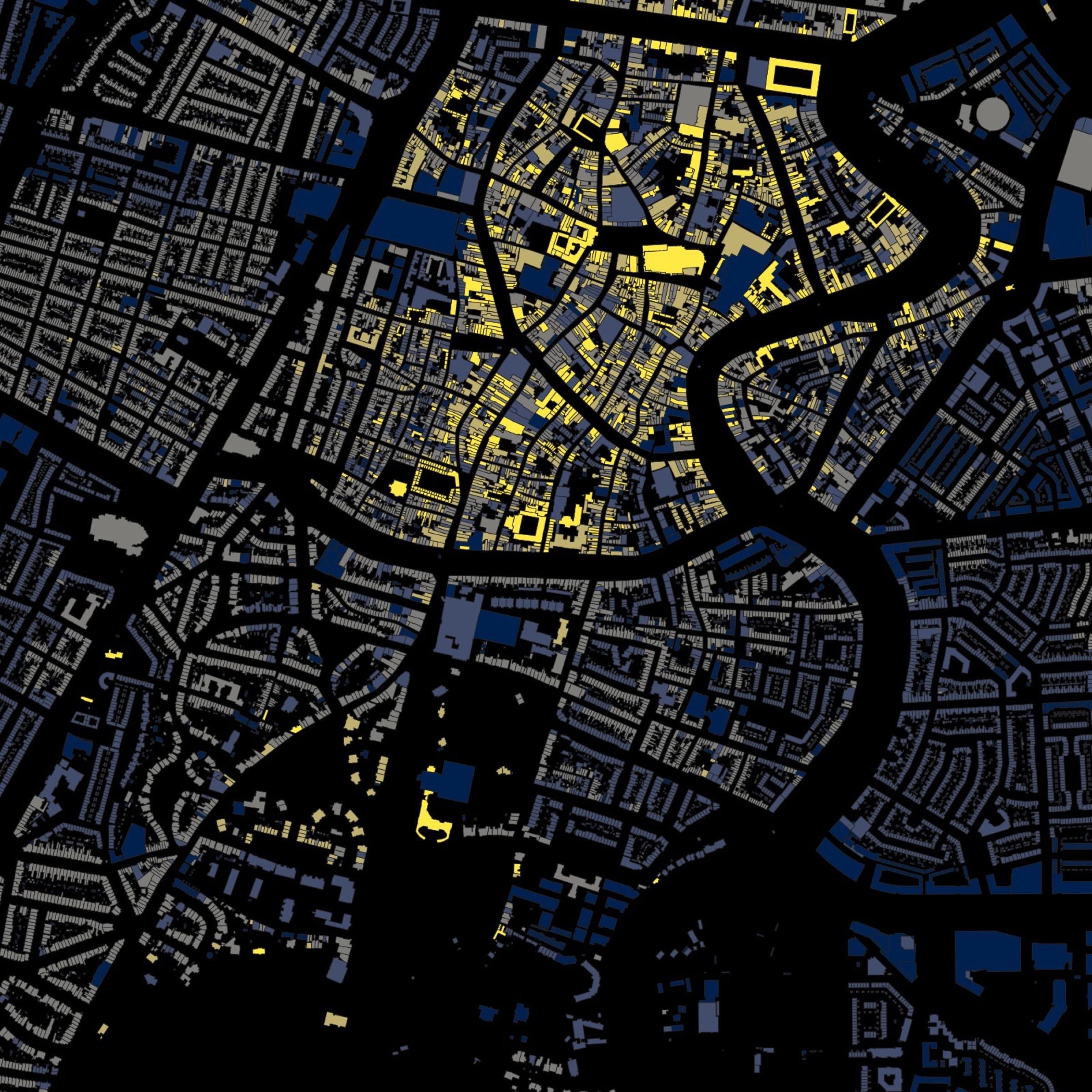 Haarlem drawn as building footprints on black, the old centre in yellow along the curve of the river, a ring of blue nineteenth-century blocks around it, and grey postwar districts beyond