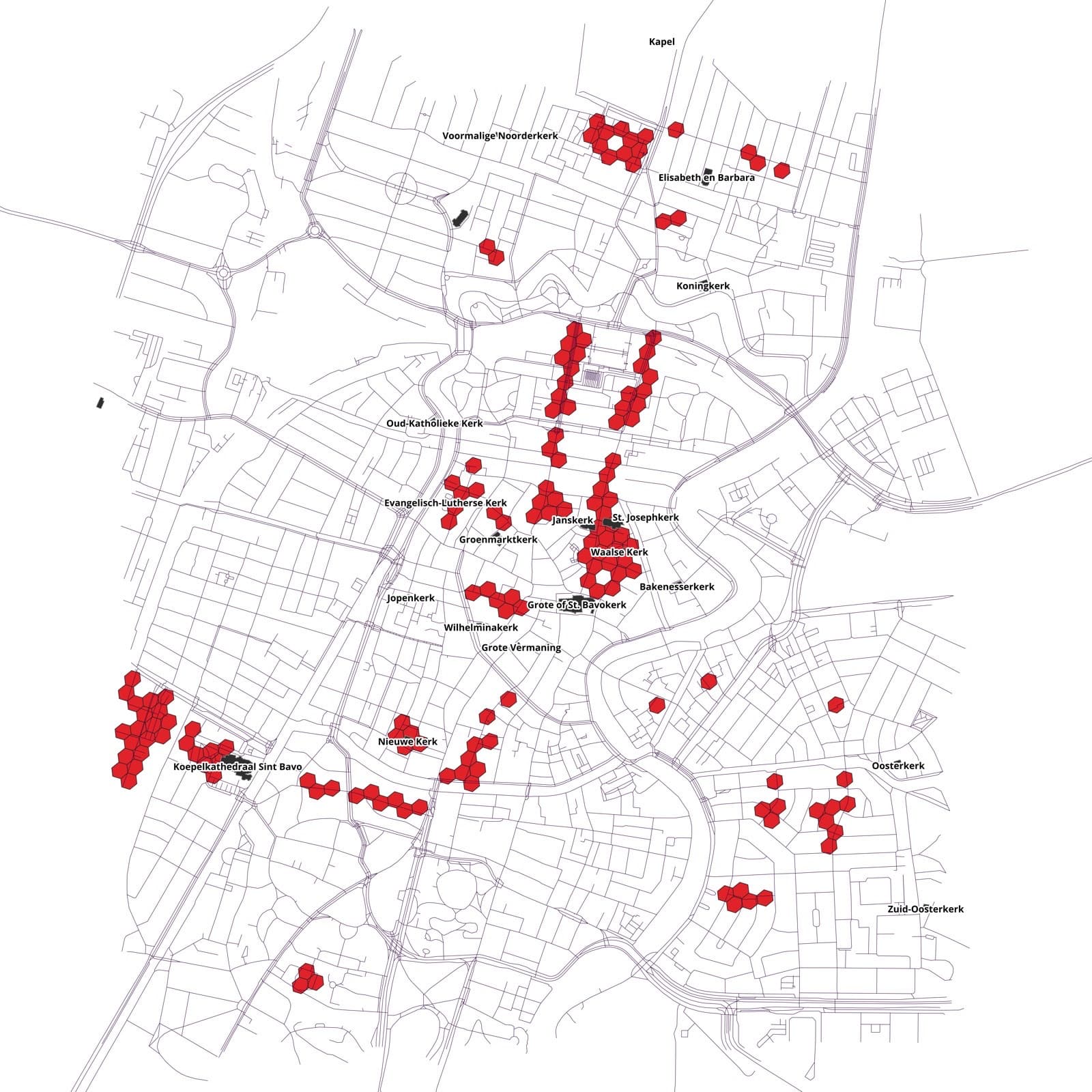 A grid of coloured cells over the map of Haarlem, marking where street names referring to churches and religion dominate, clustered near the historic centre