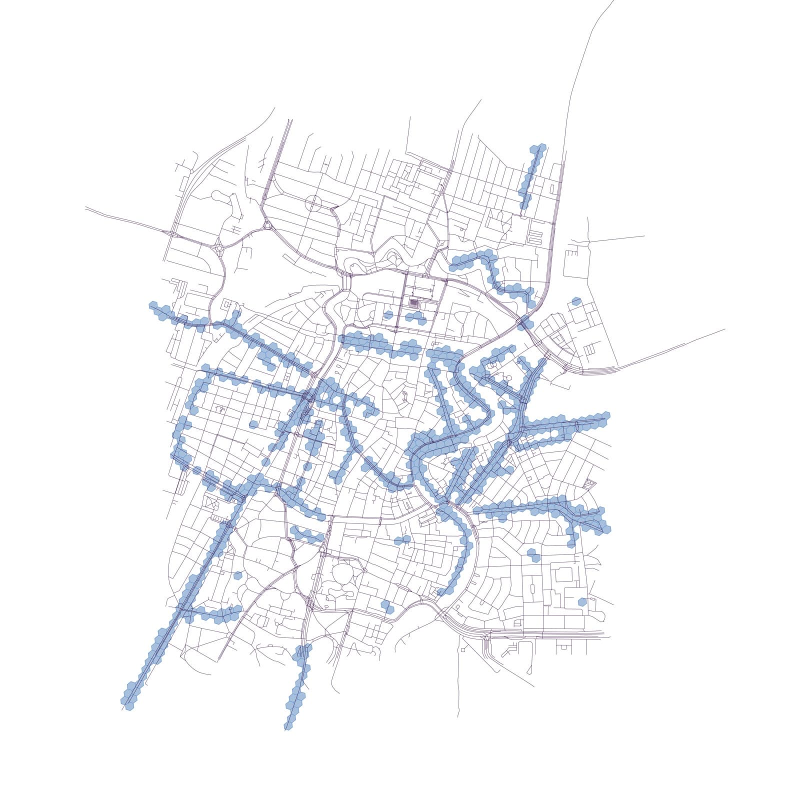 The same grid over Haarlem showing where water-related street names dominate, following the river and the old harbour corridors