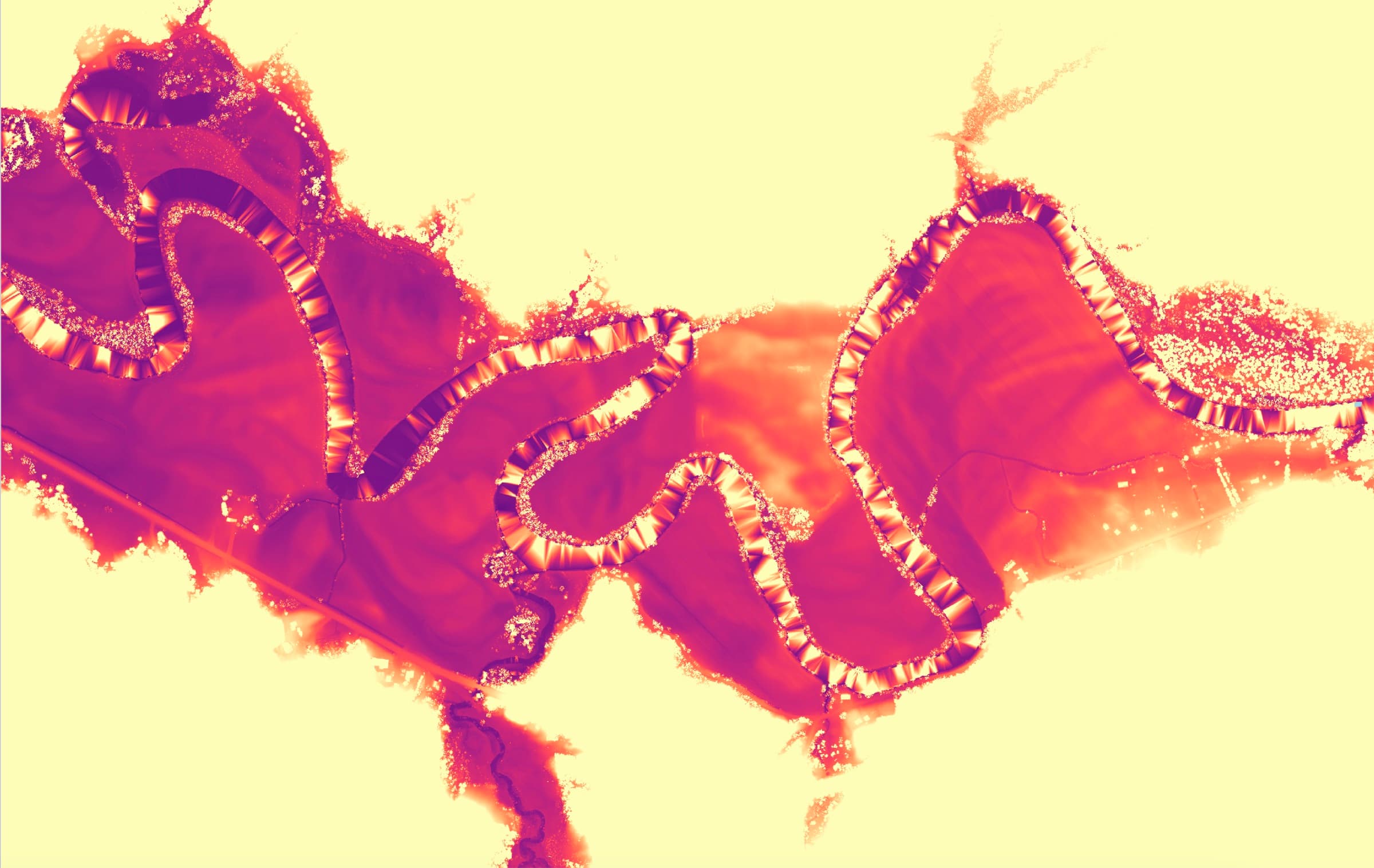 The same valley rendered in orange and violet on a pale yellow ground, the river a dark thread with terraces and abandoned meanders stepping away from it in bands