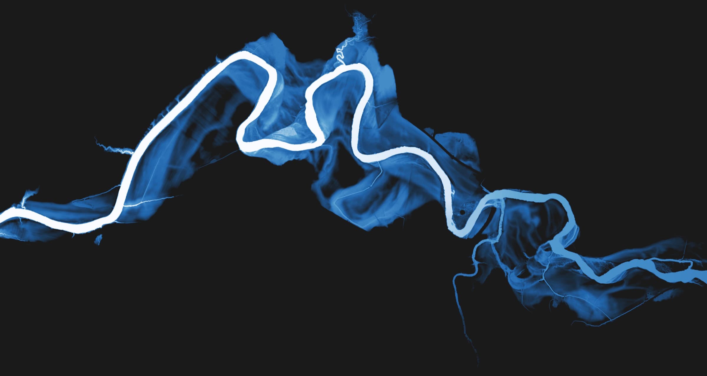 The Lamoille River drawn as a bright white line looping across a black field, with the pale blue floor of its valley spreading either side of it