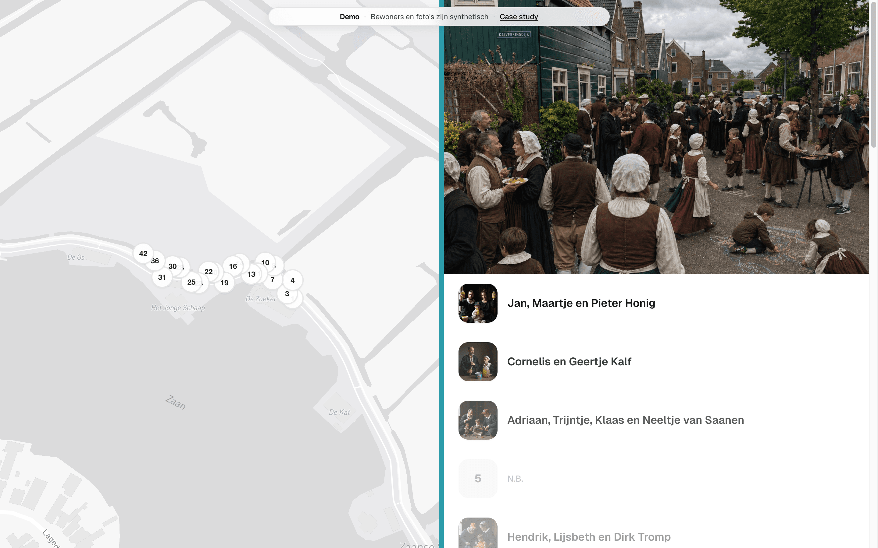 Ons Straatje homepage with the map of the street on the left and a hero photo over a list of households on the right