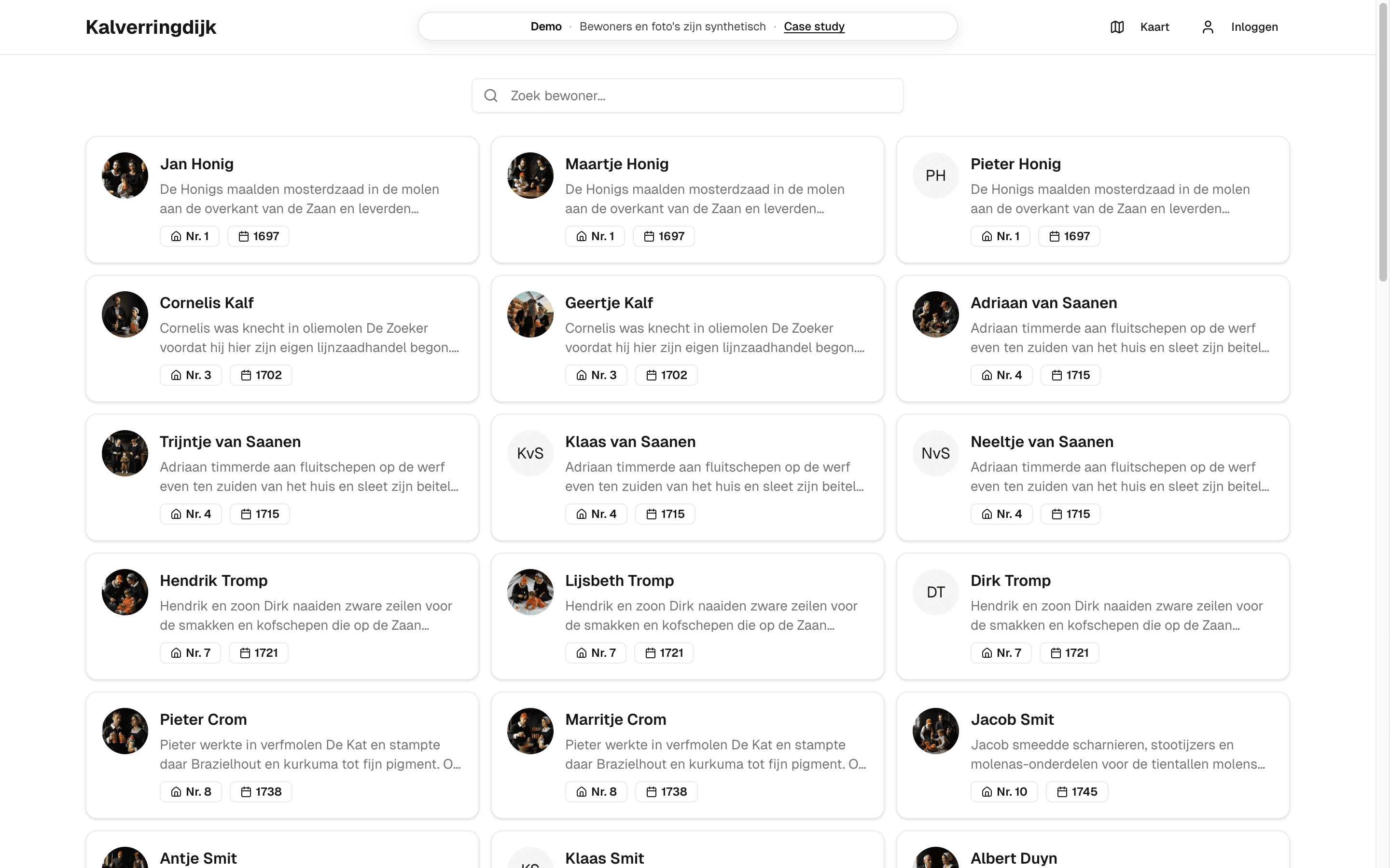Resident list view showing portraits, names and short bios for everyone on the street