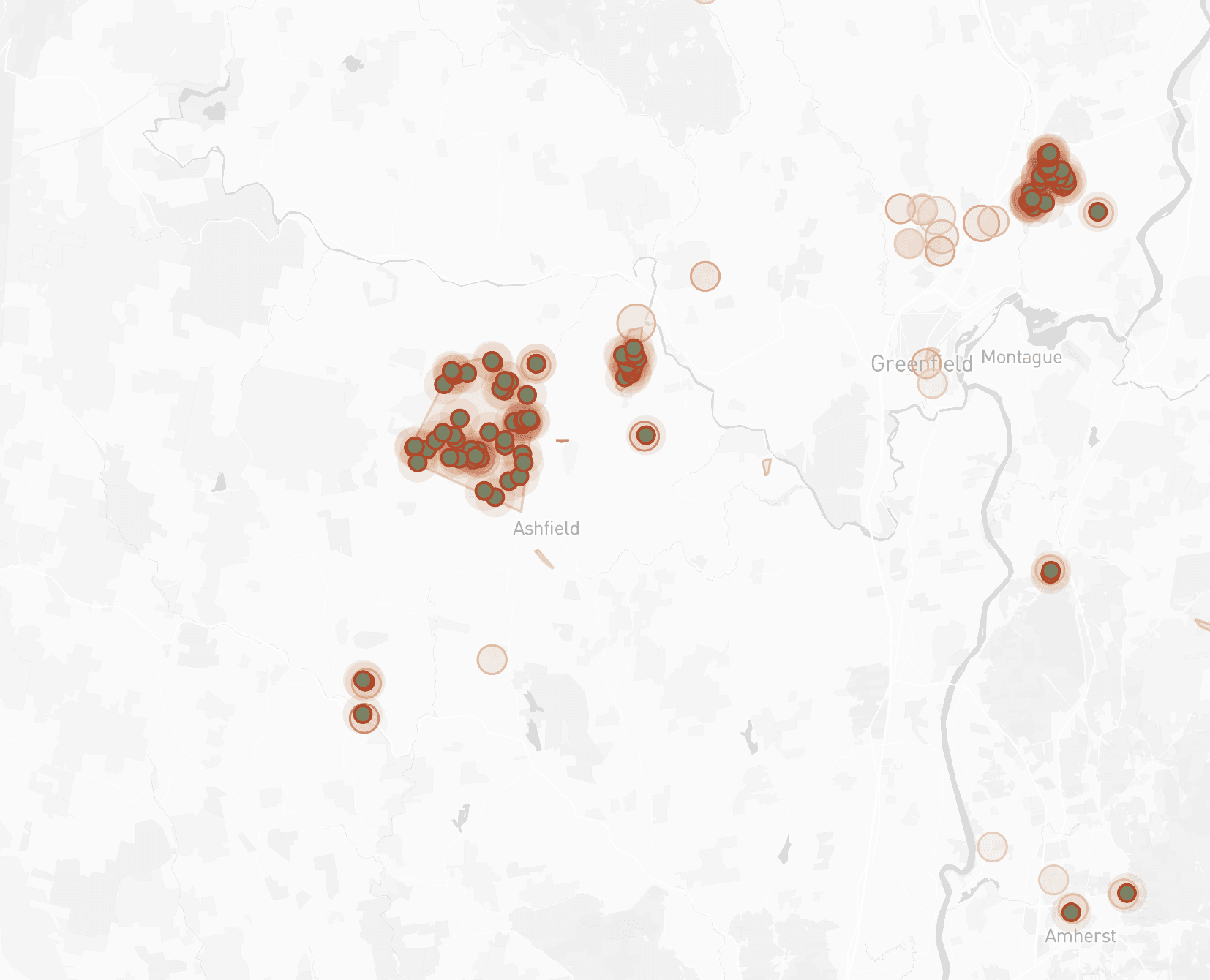 A map of the service area around Ashfield and Greenfield. Matched private-well homes cluster in green, suppressed and lower-priority homes appear in tan, and the outage area is outlined near Ashfield.