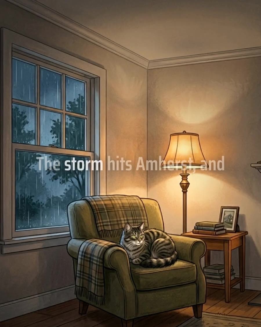 Illustrated living room during a storm, a tabby cat on an armchair by a lit floor lamp, with the caption 'The storm hits Amherst, and'