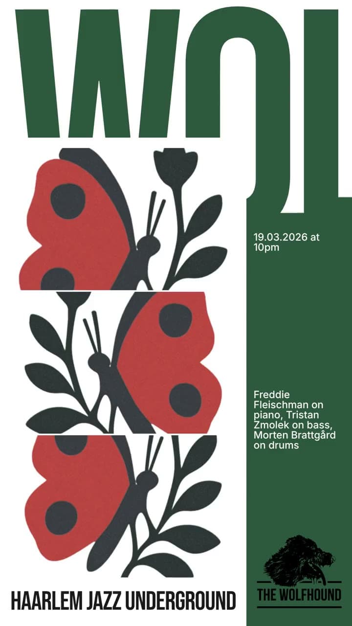 Riso-style poster frame with red butterflies and foliage, the date and lineup, and the Haarlem Jazz Underground title